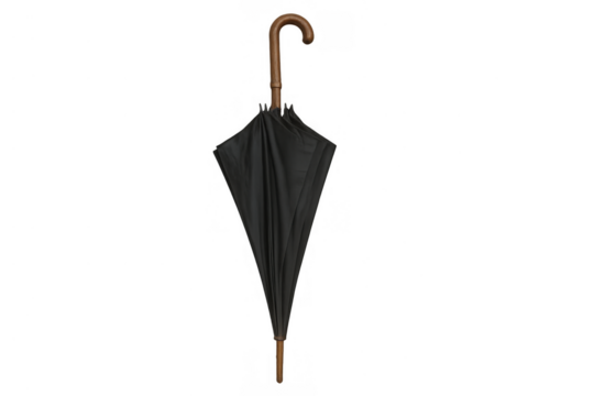 Black closed umbrella with a curved wooden handle providing elegant protection from rain, transparent background