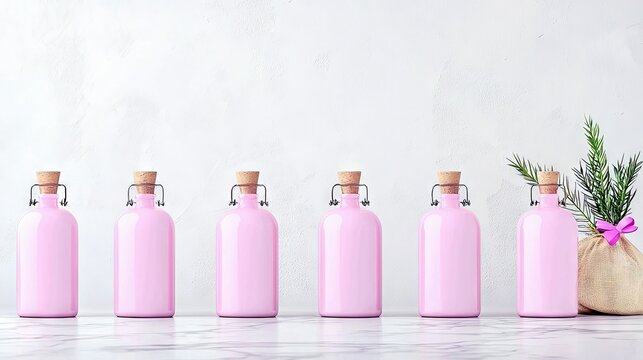 A collection of six identical pink glass bottles with cork stoppers are lined up on a marble surface, with a decorative burlap bag containing green foliage and