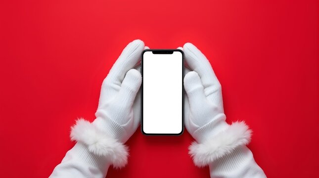 Santa Claus hands holding a smartphone with a blank white screen on a red background for a Christmas holiday concept