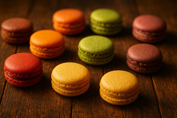 Assorted macarons scattered on a rustic wooden surface, warm ambient lighting, vibrant colors, soft shadows, cozy bakery vibe, cinematic dessert styling