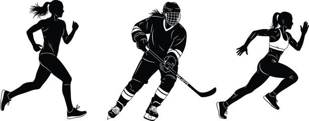 Female athletes silhouette illustration, running women and hockey player, sports action artwork, fitness and competition vector design for athletic concepts
