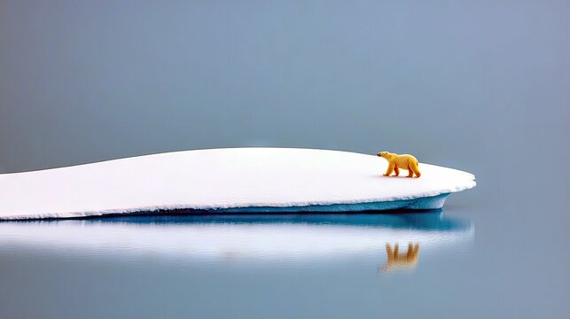 A small polar bear figurine stands on a white ice floe, its reflection visible in the calm blue water below.