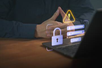 Person using laptop displaying a login interface with warning and padlock icons, symbolizing cybersecurity, account protection, secure access, password safety, and online identity security.