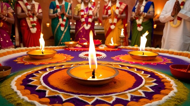 Close-up shot of traditional clay oil lamps arranged symmetrically over a vibrant rangoli design, the flames gently flickering and reflecting golden light, bokeh background of fairy lights, warm tones
