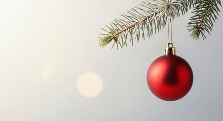 Vibrant red matte Christmas ornament hanging from a frosted evergreen branch, set against a soft, bright background with subtle bokeh lights, symbolizing holiday cheer.