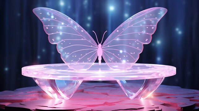 Futuristic glowing holographic butterfly on illuminated podium. Digital ethereal pink and purple insect with bokeh lights. Abstract modern technology concept.