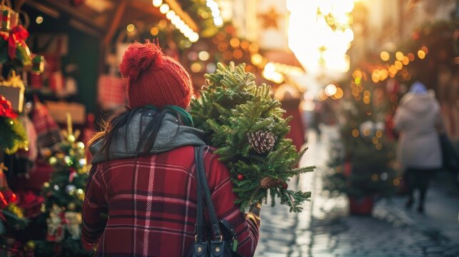 Joyful christmas tree shopping at a winter market with festively decorated trees and cheerful people - Powered by Adobe