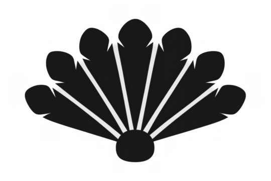 Abstract black fan icon with feathers creating a silhouette shape, transparent background for design elements