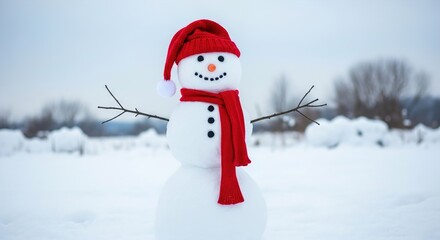 A cheerful snowman stands in a snowy field, wearing a red hat and scarf, with twig arms.