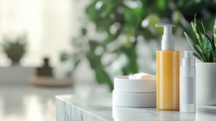 a moisturizer and cleanser, displayed on a marble counter with a soft blur background