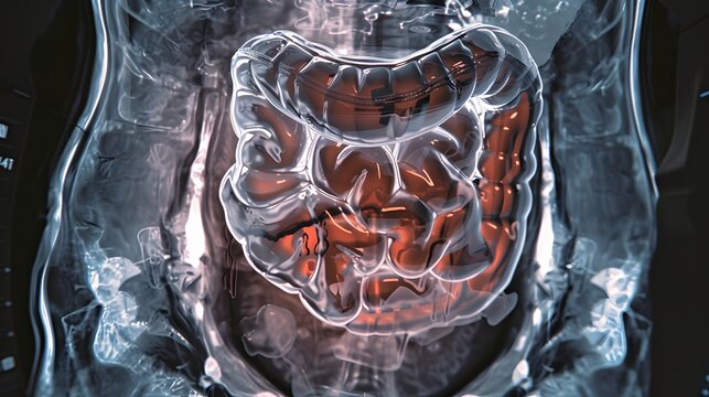 3D MRI-style abdominal scan illustration showing digestive tract and pancreatic region with highlighted intestinal structures &ndash; medical imaging concept