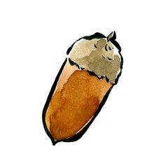 Watercolor Acorn Illustration with Japanese Ink Brush Outline