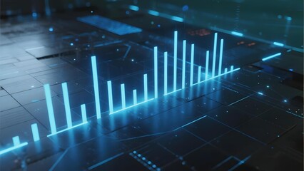 Digital bar graph visualization on a futuristic interface with glowing blue data elements