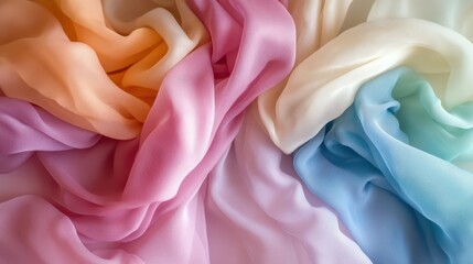 elegant scarves in pastel colors arranged in a neat flat lay, soft blur background,