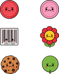 Cute sad emotion cartoon icons set featuring unhappy faces on objects like flower, cookie, leaf, barcode and round emoji characters