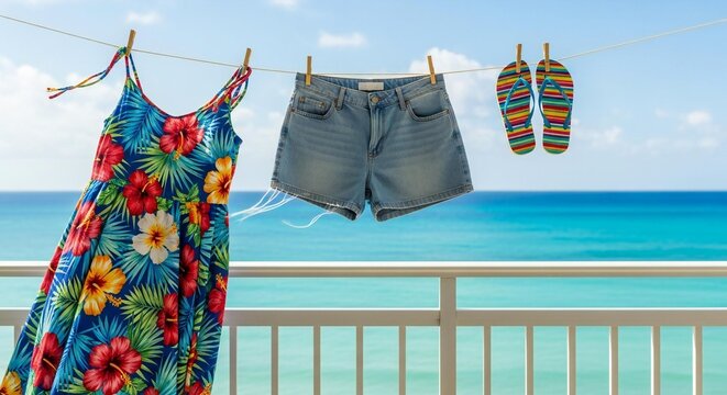 Vibrant summer essentials drying in the sun, capturing the perfect seaside holiday mood with an ocean view