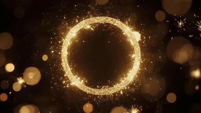 Sparkling Gold Circle Frame with Bokeh and Fireworks on Black Background