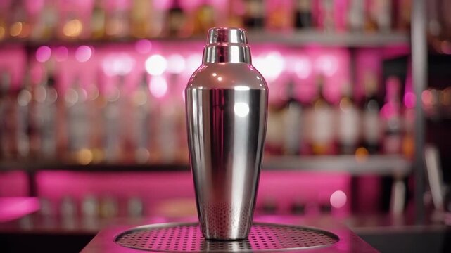 Shiny Cocktail Shaker on Bar Counter with Pink Neon Lighting.