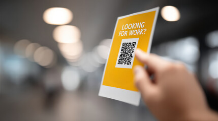 Hand holding a yellow flyer with a QR code and text 'Looking for Work ' in a blurred background, symbolizing job search and employment opportunities in a modern environment