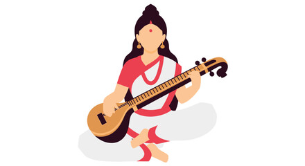 Obraz premium Illustration of a woman with dark hair, sitting cross-legged and playing a stringed instrument, likely representing the Hindu goddess Saraswati.