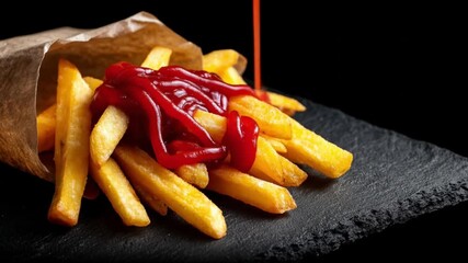 Golden fries tumble from a paper cone onto a dark slate, slick with glossy ketchup. Crisp edges. Yum - Powered by Adobe