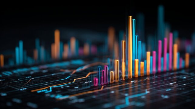 Abstract Digital Data Visualization with Colorful Bars Representing Statistical Trends and Patterns Against Dark Background