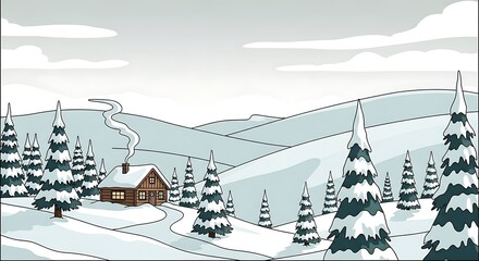 Cozy Cabin in Snowy Mountain Landscape with Pine Trees and Winding Path.