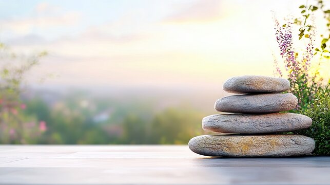 A stack of four smooth, flat stones is balanced on a wooden surface, with a soft-focus background of greenery and flowers bathed in gentle sunlight.