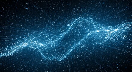 Blue digital wavy line with light particles, symbolizing data flow and networks in dark space
