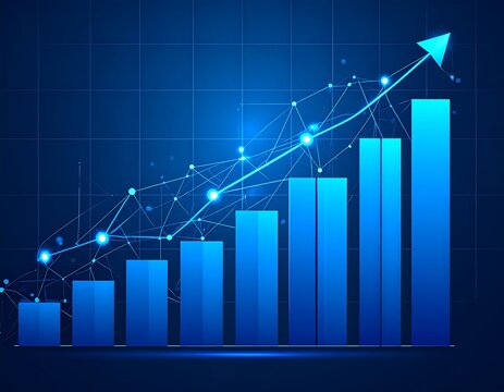 Blue digital illustration depicting a rising bar graph with a connecting line & arrow
