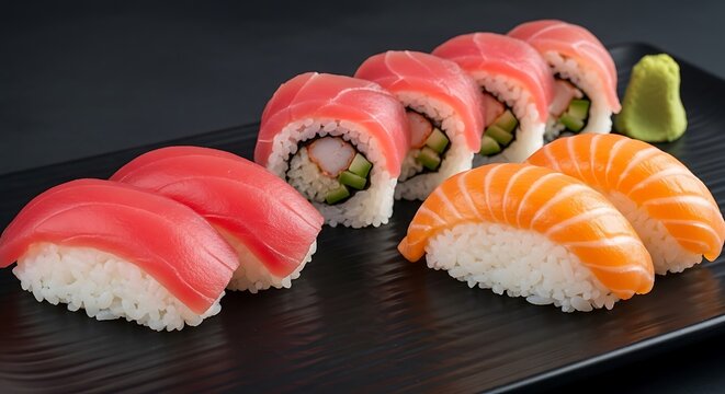 Delicious sushi platter with salmon and tuna, a culinary delight.