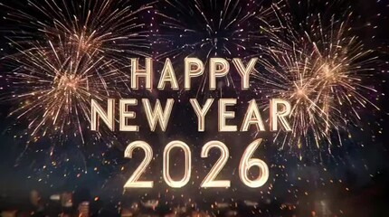 Golden fireworks explode in a dark night sky above a city skyline, celebrating Happy New Year 2026.