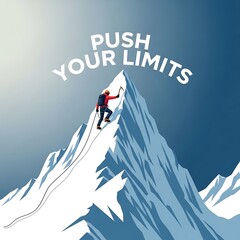 Motivational image of a climber pushing limits on a snowy mountain peak.