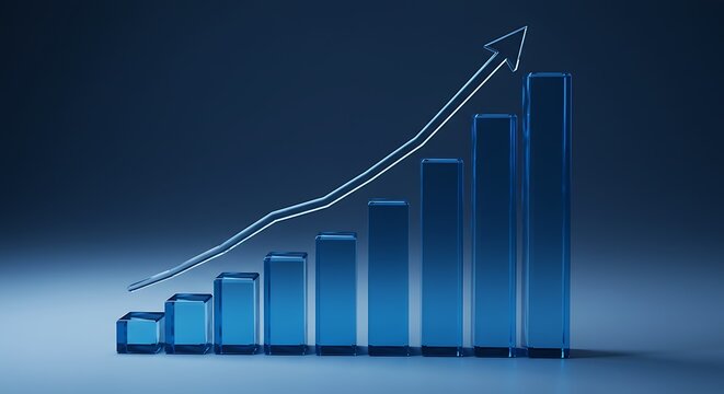 Blue glass bar chart showing upward growth on a dark, gradient background