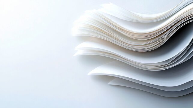 A close-up, abstract view of stacked white paper layers gently curving and flowing like waves, set against a clean, light blue background.