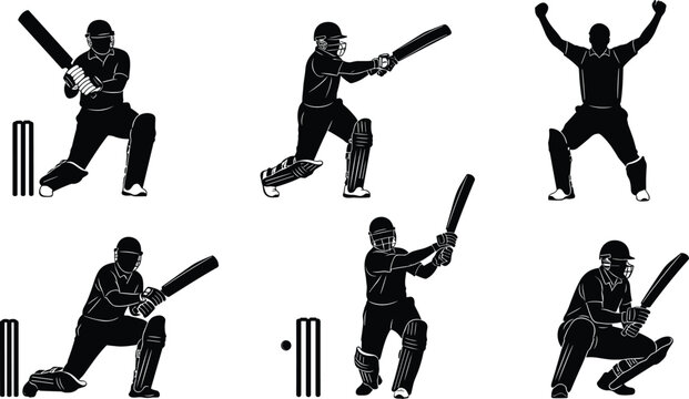 Cricket batsman silhouette set, action batting poses collection, professional cricket player artwork, sports vector design for match and training themes