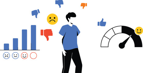 Customer feedback evaluation concept with rating icons, satisfaction meter, emotional reactions, user experience analysis, review performance chart illustration