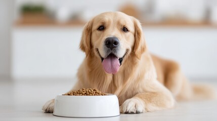 Golden retriever dog lying on a clean floor beside a white bowl filled with dry food, showcasing a happy expression and a cozy home environment with soft lighting