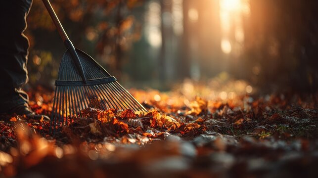 Person raking colorful autumn leaves in a sunlit forest, showcasing vibrant foliage and warm sunlight, creating a serene and peaceful outdoor atmosphere with natural beauty