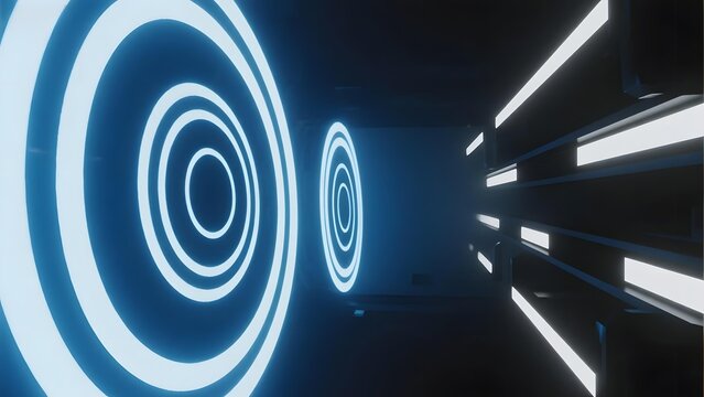 Neon blue circular lights in a futuristic tunnel with glowing horizontal strips on the walls - Powered by Adobe