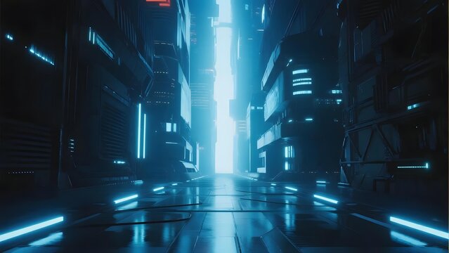 Futuristic cityscape with glowing blue lights and reflective surfaces in a narrow urban corridor