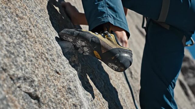 Climber Foot Steps on Rocky Wall During Ascent.