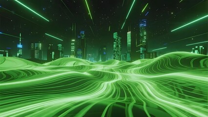 Futuristic green cityscape with glowing neon lights and undulating terrain under a starry sky