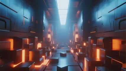 Futuristic corridor with glowing orange lights and metallic walls in a sci-fi environment