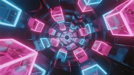 Neon-lit geometric tunnel with glowing pink and blue cubes creating a futuristic, symmetrical perspective.
