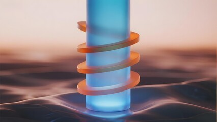 A glowing blue cylinder with orange rings, emitting light above a wavy surface.