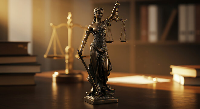 A bronze statue of Lady Justice holding scales and a sword on a desk. The scene is in a law office, implying justice, law, and legal proceedings