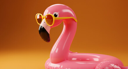 A cheerful 3D rendered pink inflatable flamingo pool float, wearing stylish yellow sunglasses, embodies a fun, tropical summer vibe
