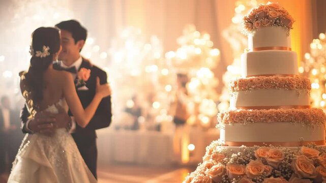 Couple shares a romantic dance at their wedding reception surrounded by elegant decorations and a beautiful cake