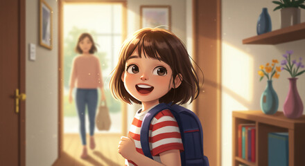 A cheerful young girl with a backpack smiles brightly, looking enthusiastic for school